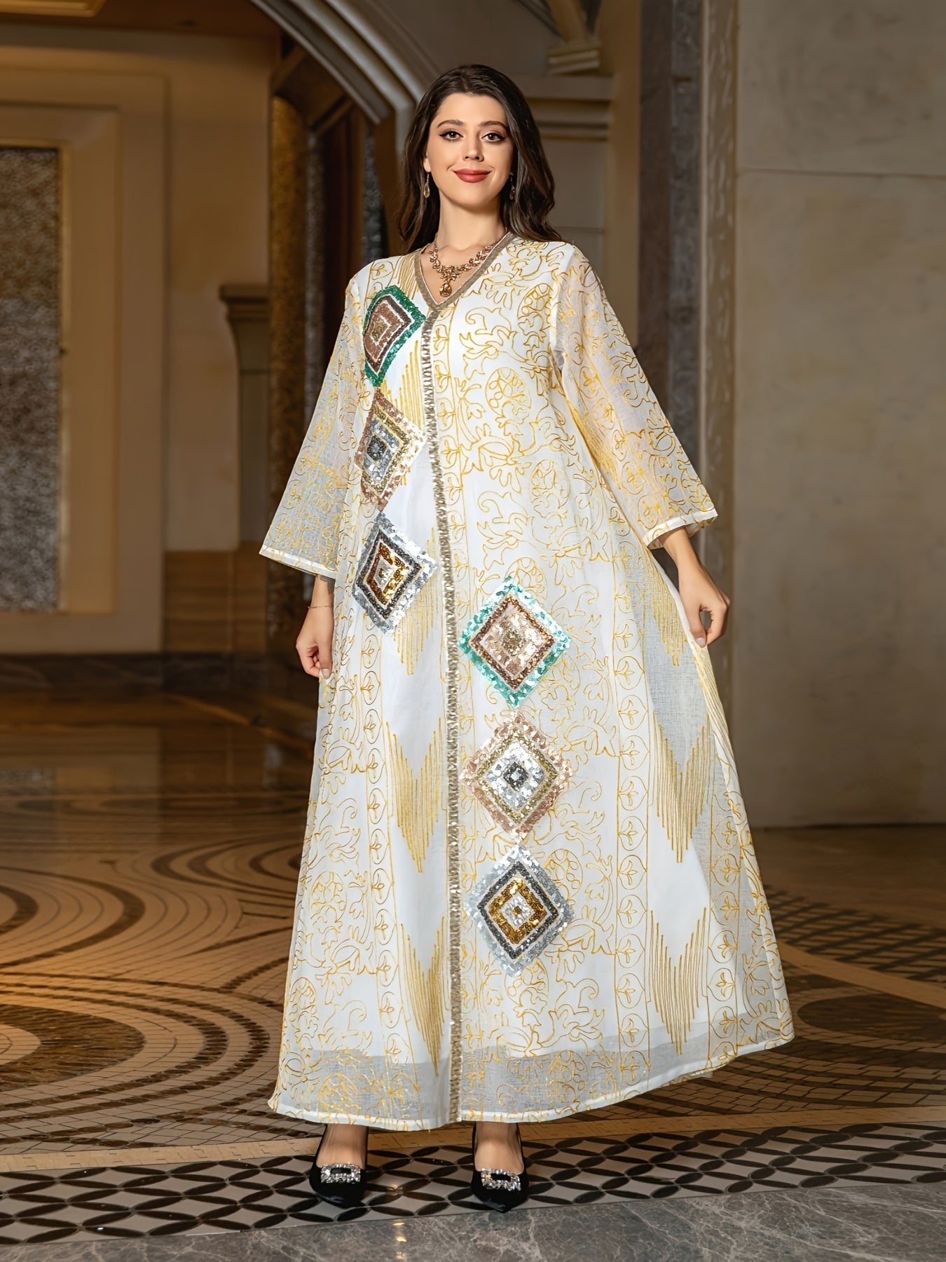 Embroidered Sequin V Neck Kaftan Dress