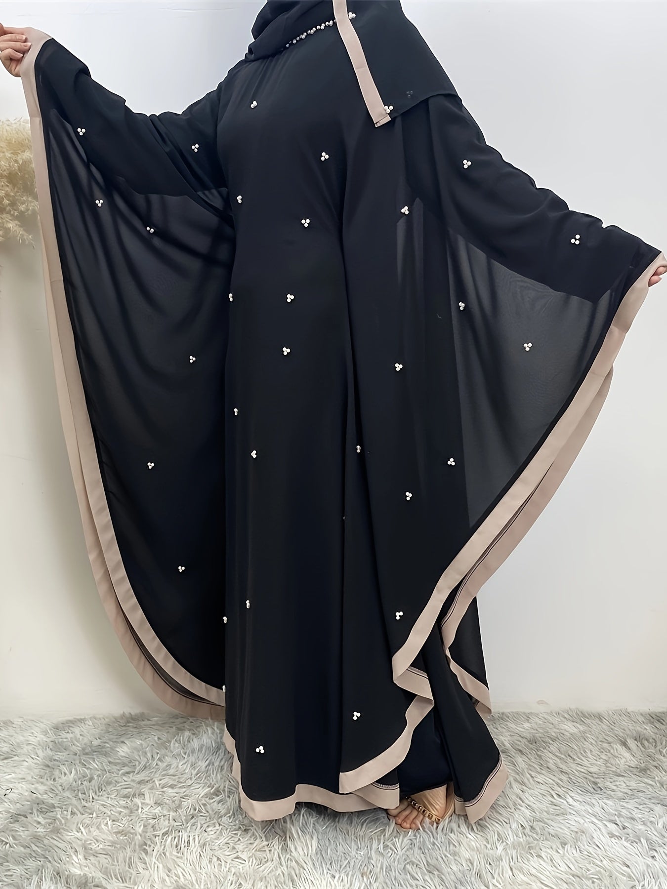 Beaded Contrast Trim Modest Dress, Elegant Batwing Sleeve Loose Maxi Dress With Hijab