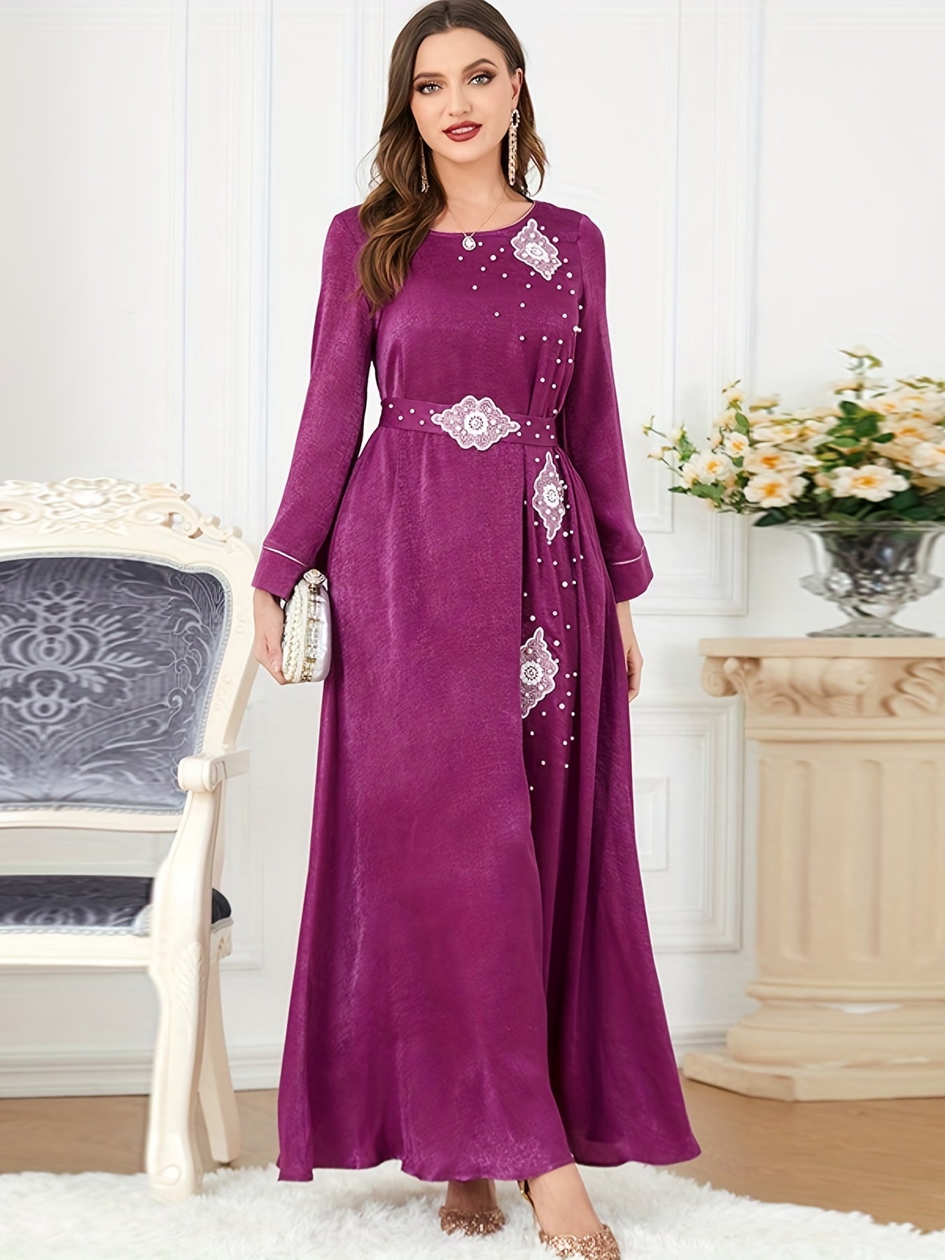 Beaded Decor Kaftan, Elegant Crew Neck Long Sleeve Dress