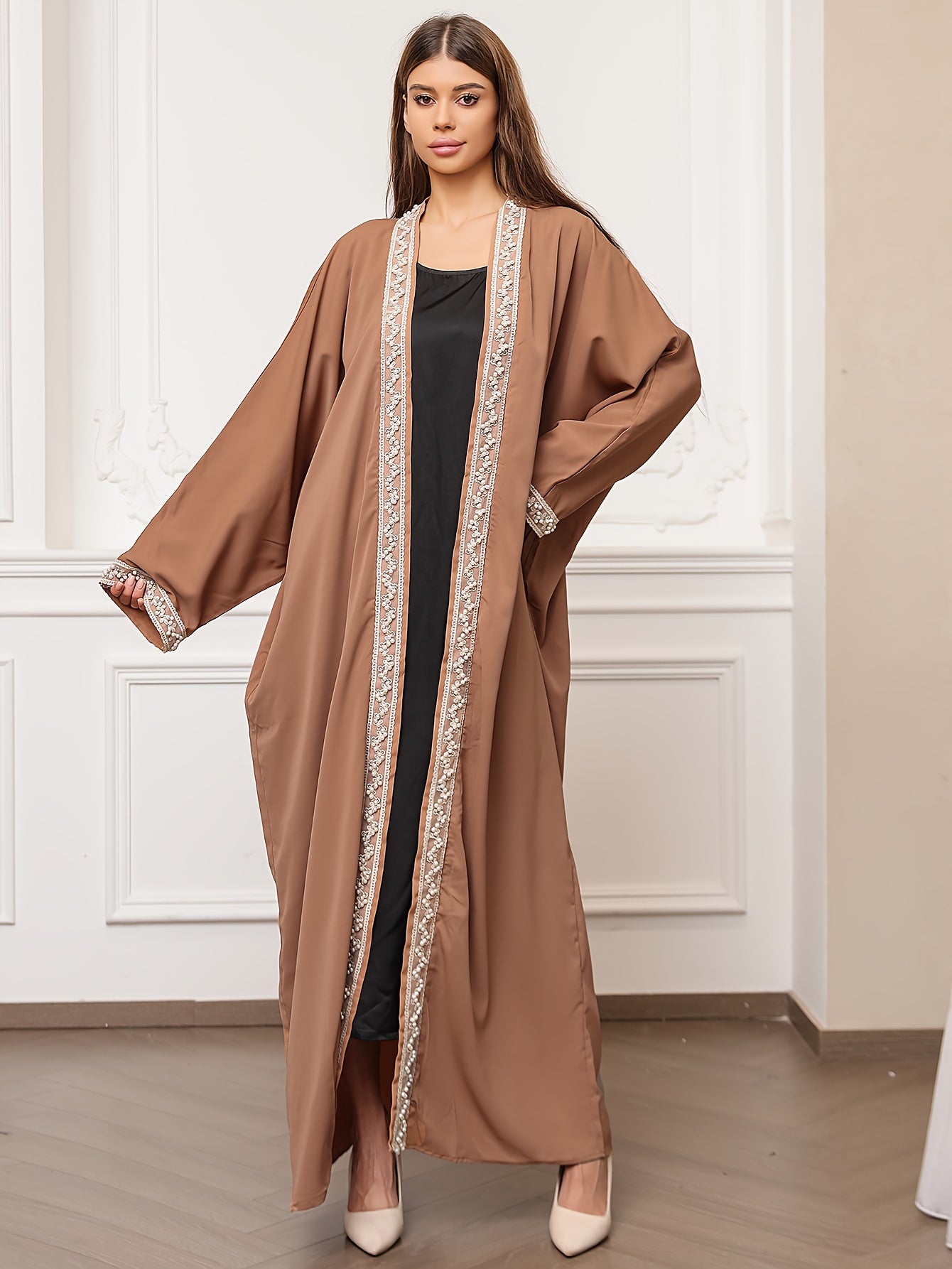 Contrast Trim Beaded Abaya, Elegant Batwing Sleeve Loose Maxi Belted Dress