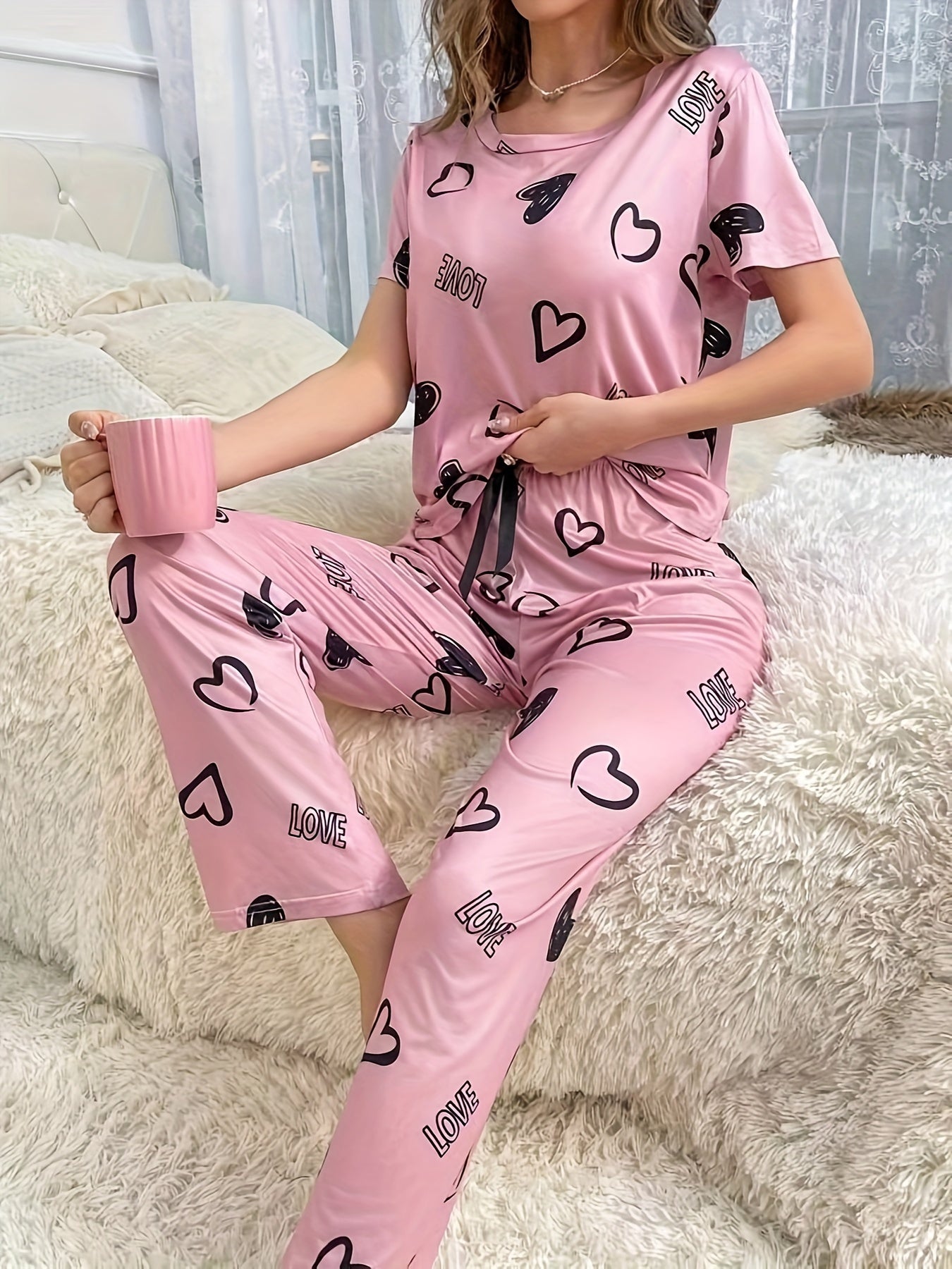 Casual Heart & Letter Print Pajama Set, Short Sleeve Crew Neck Top & Elastic Pants For Valentine's Day, Women's Sleepwear & Loungewear