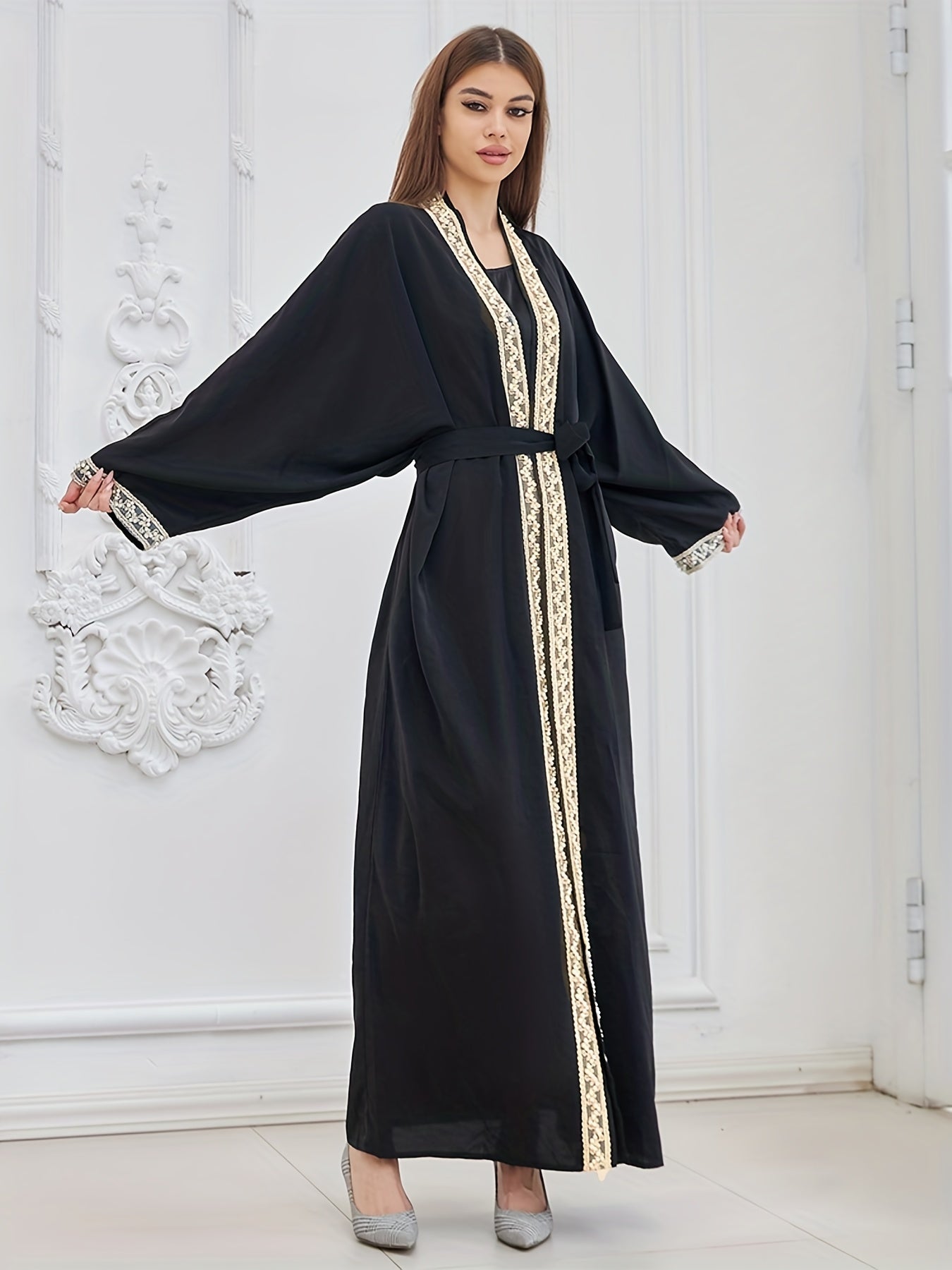 Contrast Trim Beaded Abaya, Elegant Batwing Sleeve Loose Maxi Belted Dress