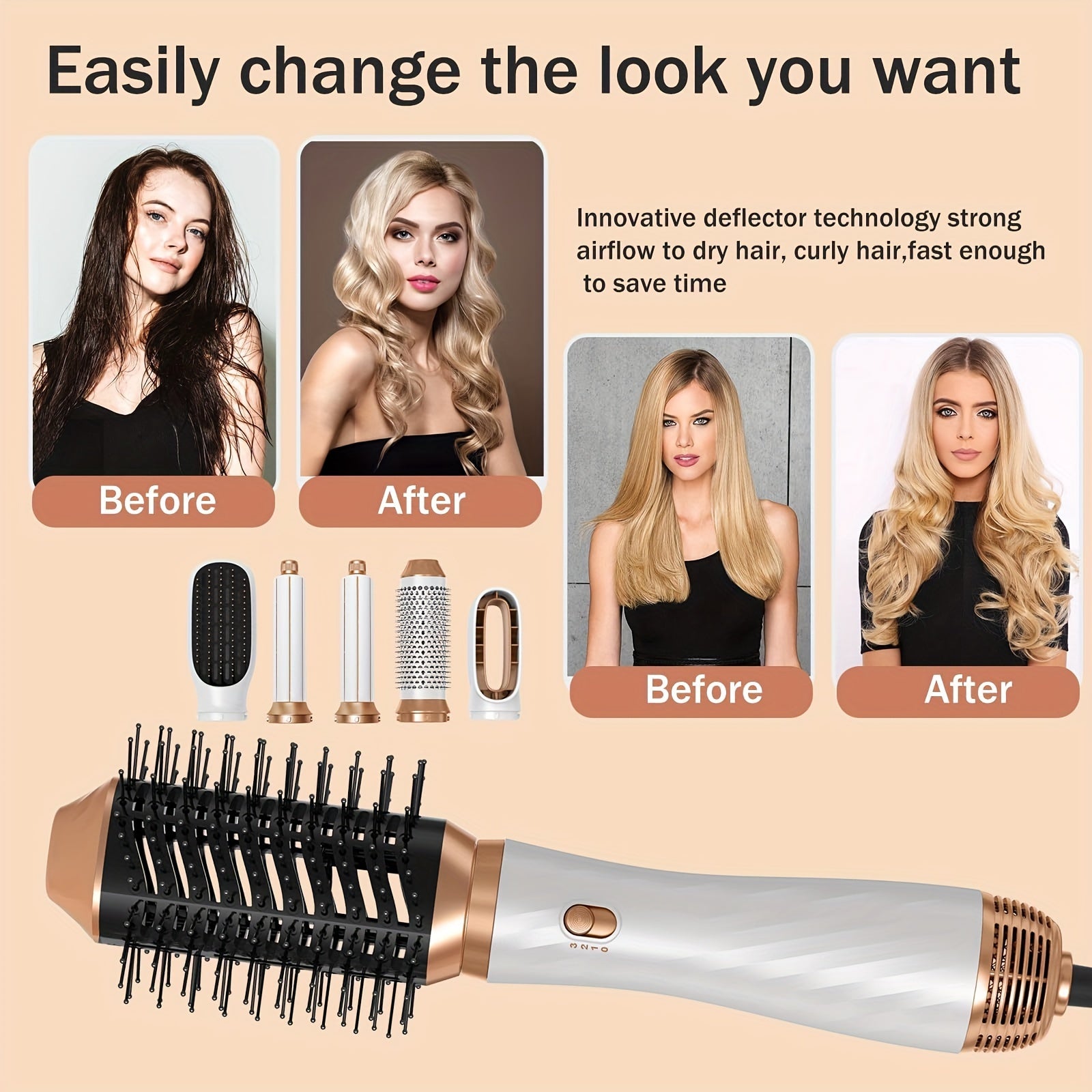 6 In 1 Hot Air Brush, Detachable Hair Dryer Brush, Powerful Hair Blow Dryer With Diffuser, Air Curler Wand