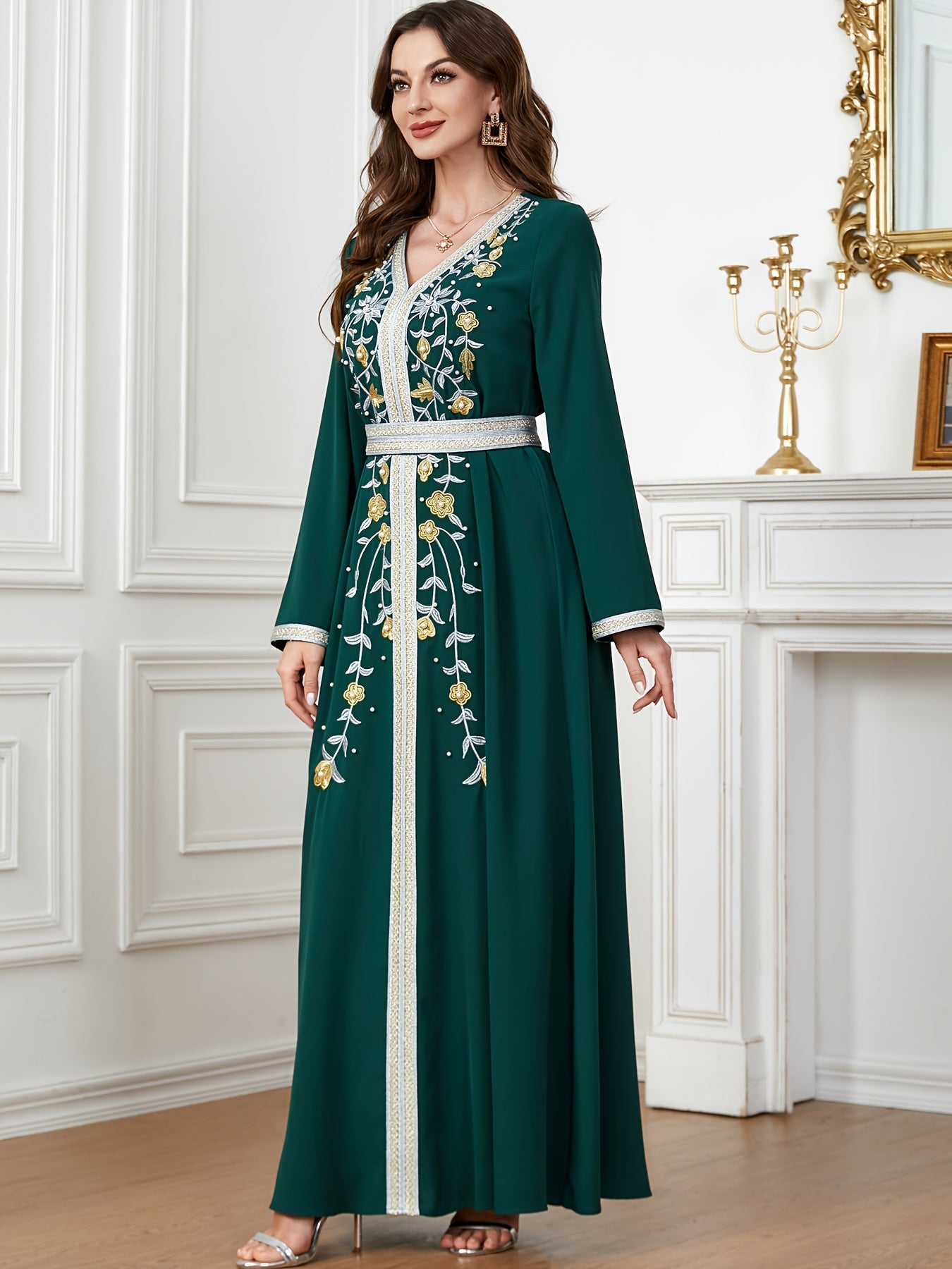 Floral Pattern V Neck Kaftan, Elegant Long Sleeve Belted Maxi Dress