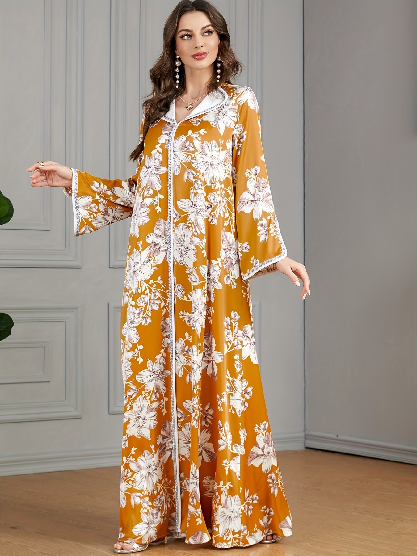 Floral Print Maxi Kaftan Dress, Elegant Split Long Sleeve Dress