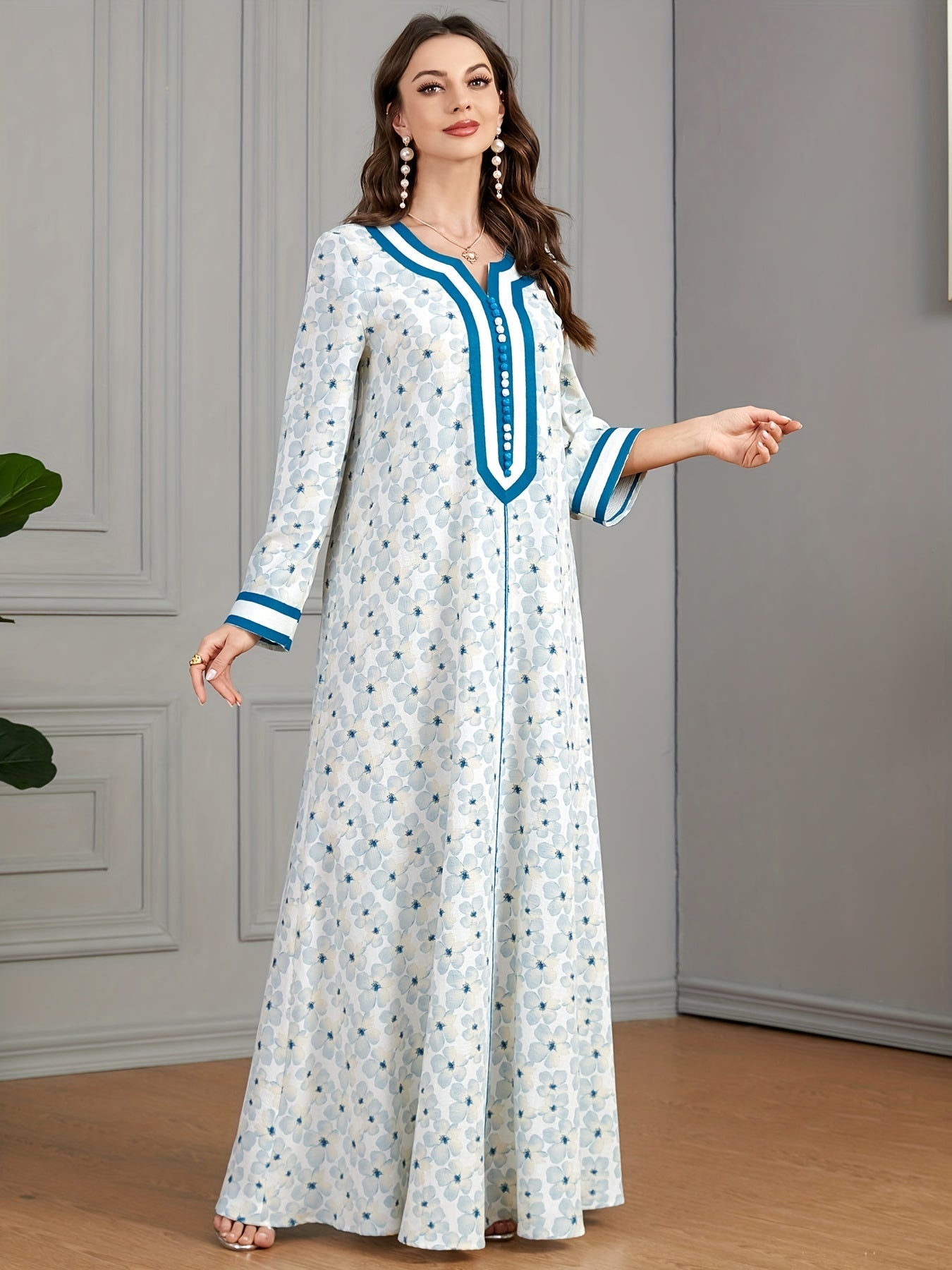 Ramadan Floral Print Contrast Trim Kaftan Dress