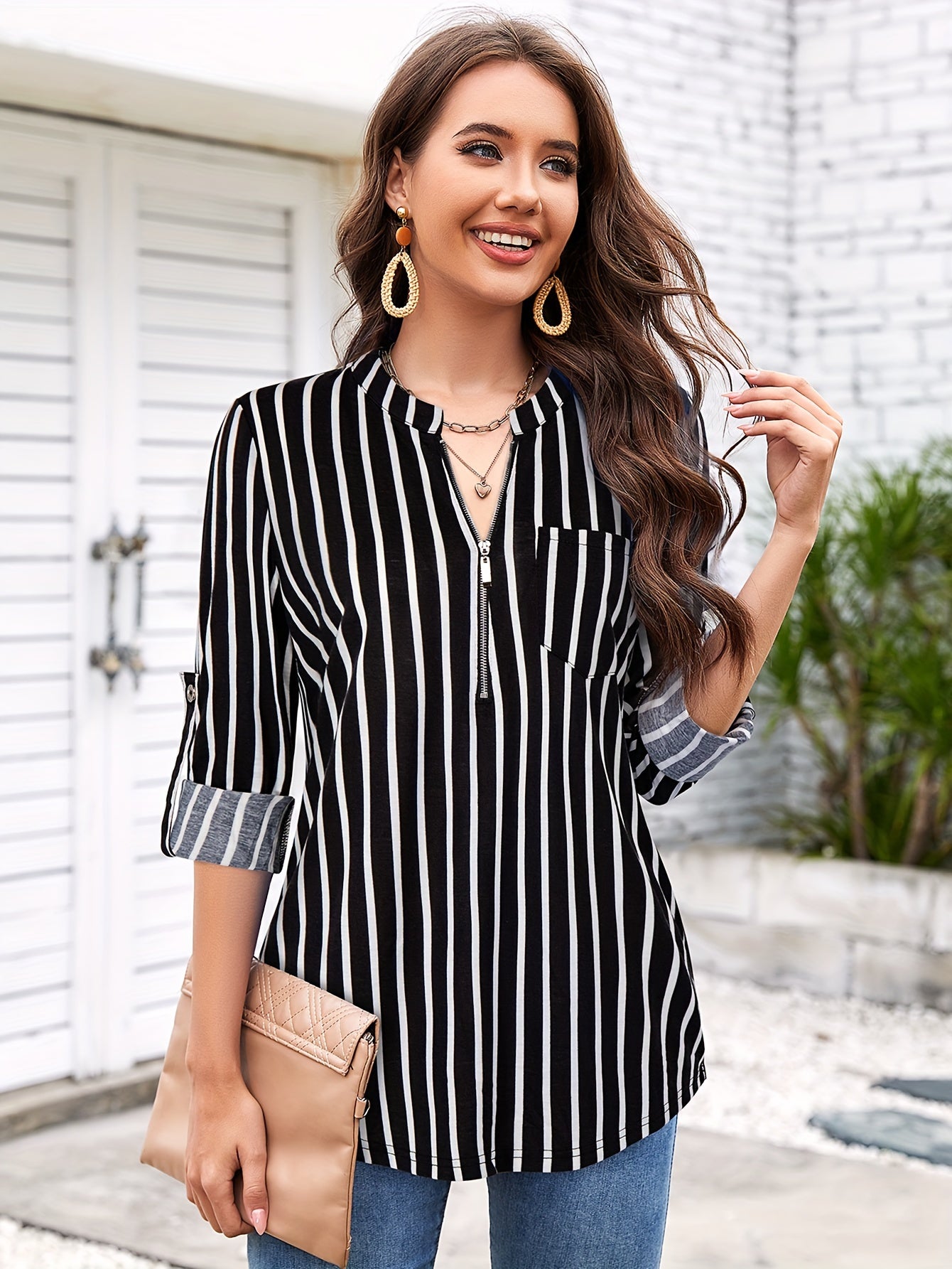 Striped Print Zip Front Blouse, Casual Long Sleeve Top For Spring, Women's Clothing