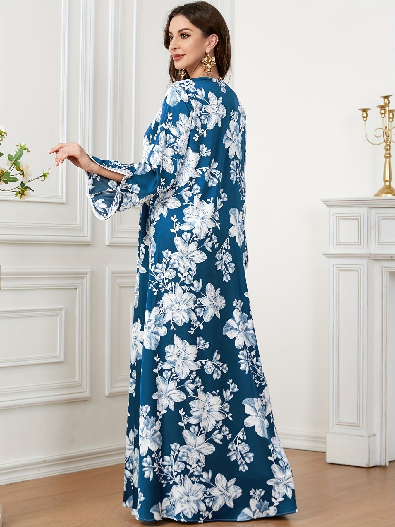 Floral Print Maxi Kaftan Dress, Elegant Split Long Sleeve Dress