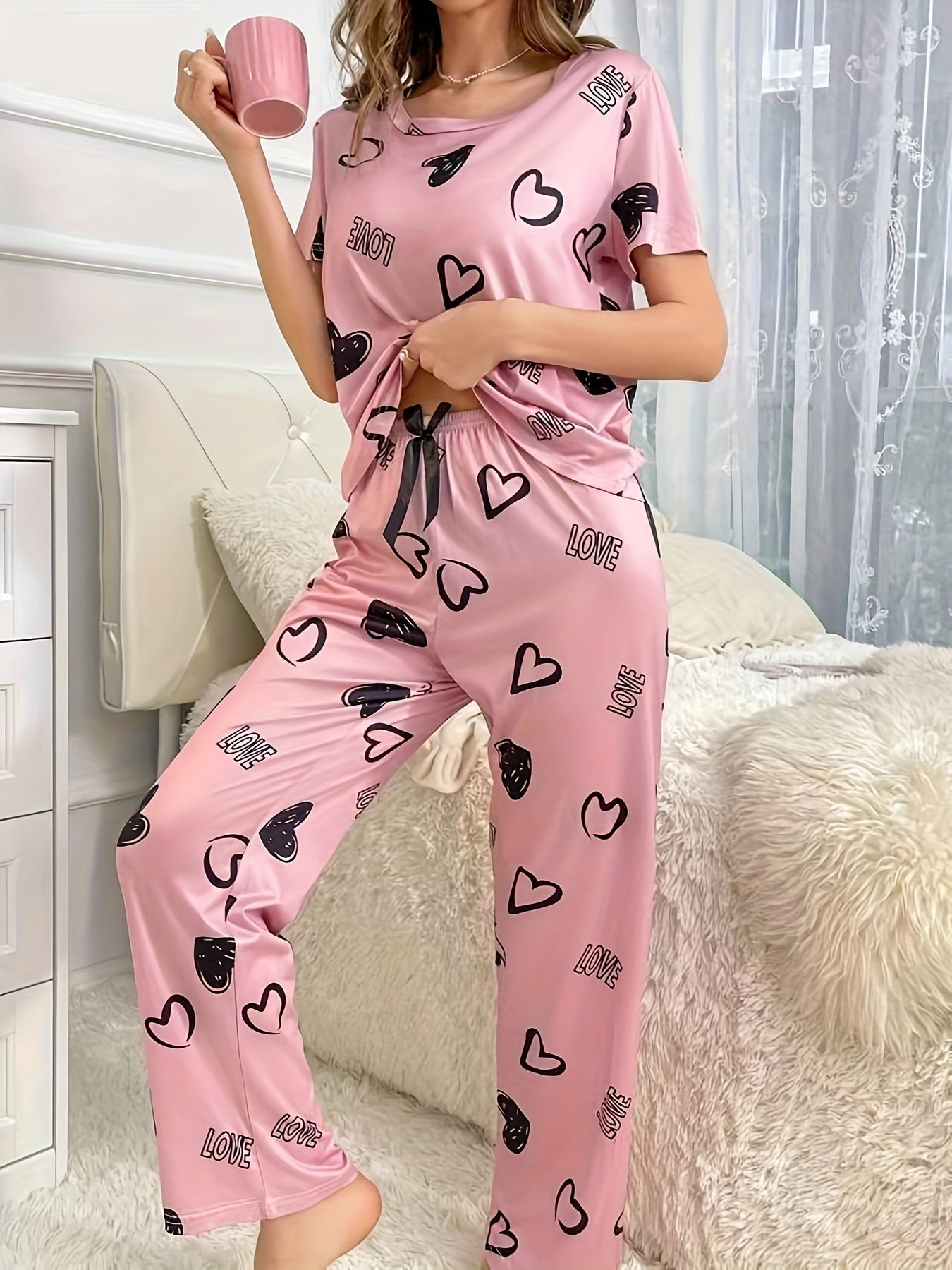 Casual Heart & Letter Print Pajama Set, Short Sleeve Crew Neck Top & Elastic Pants For Valentine's Day, Women's Sleepwear & Loungewear