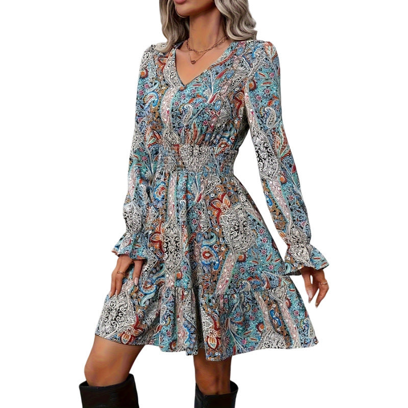 Women's Casual Printed V-neck Long Sleeved Dress