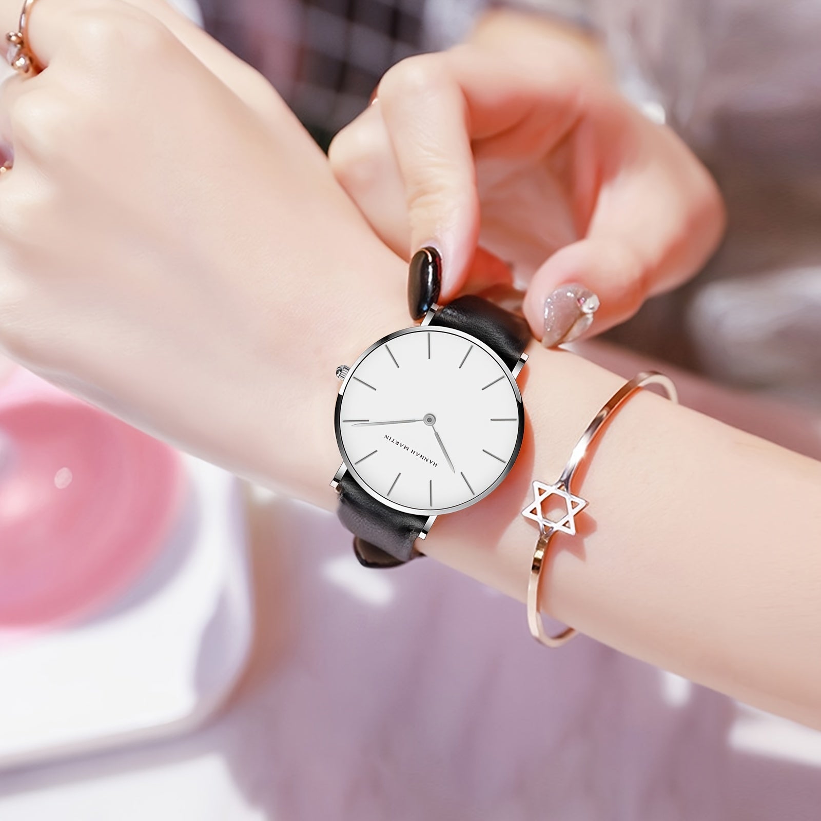 Hannah Martin Japanese Movement Quartz Watch Casual Round Pointer Analog PU Leather Wrist Watch