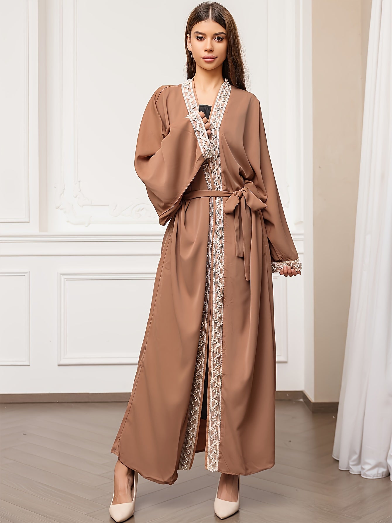 Contrast Trim Beaded Abaya, Elegant Batwing Sleeve Loose Maxi Belted Dress