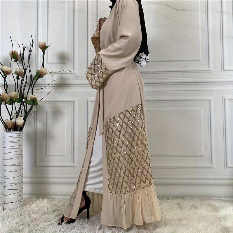 Long Sleeve Wrap Tied Kaftan Dress, Elegant Ruffle Hem Maxi Length Dress