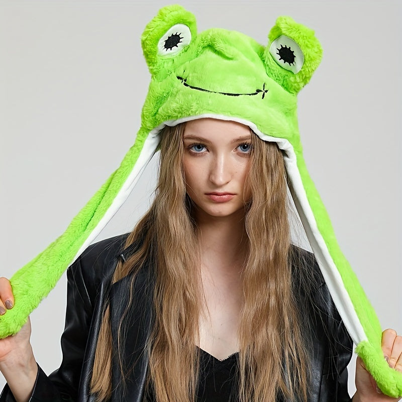 Cute Animal Moving Ear Hat Cute Panda Dog Frog Puppy Plush Hats Halloween Cosplay Party Earflap Hat For Women