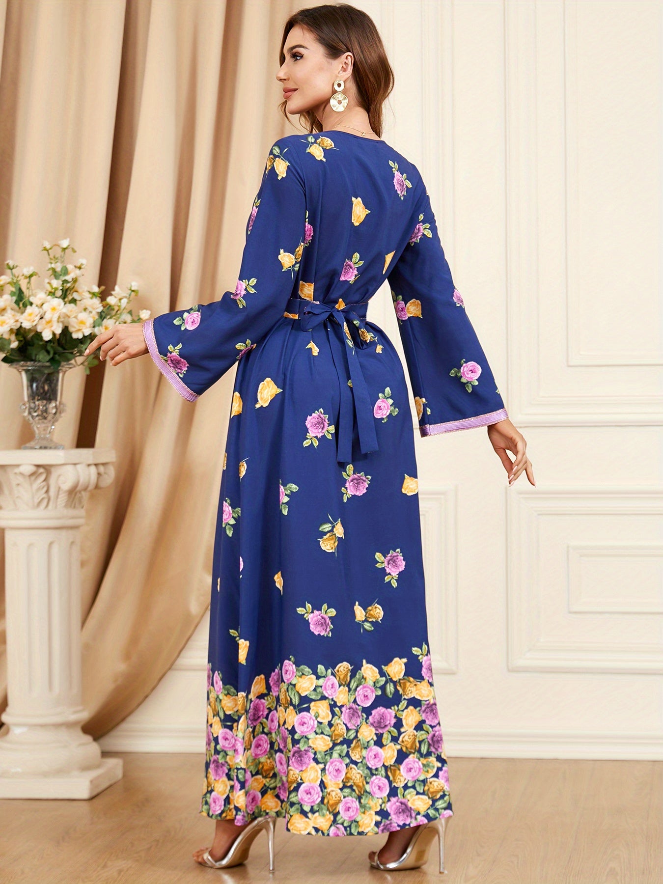 Floral Print V-neck Kaftan Dress, Elegant Contrast Trim Maxi Length Dress