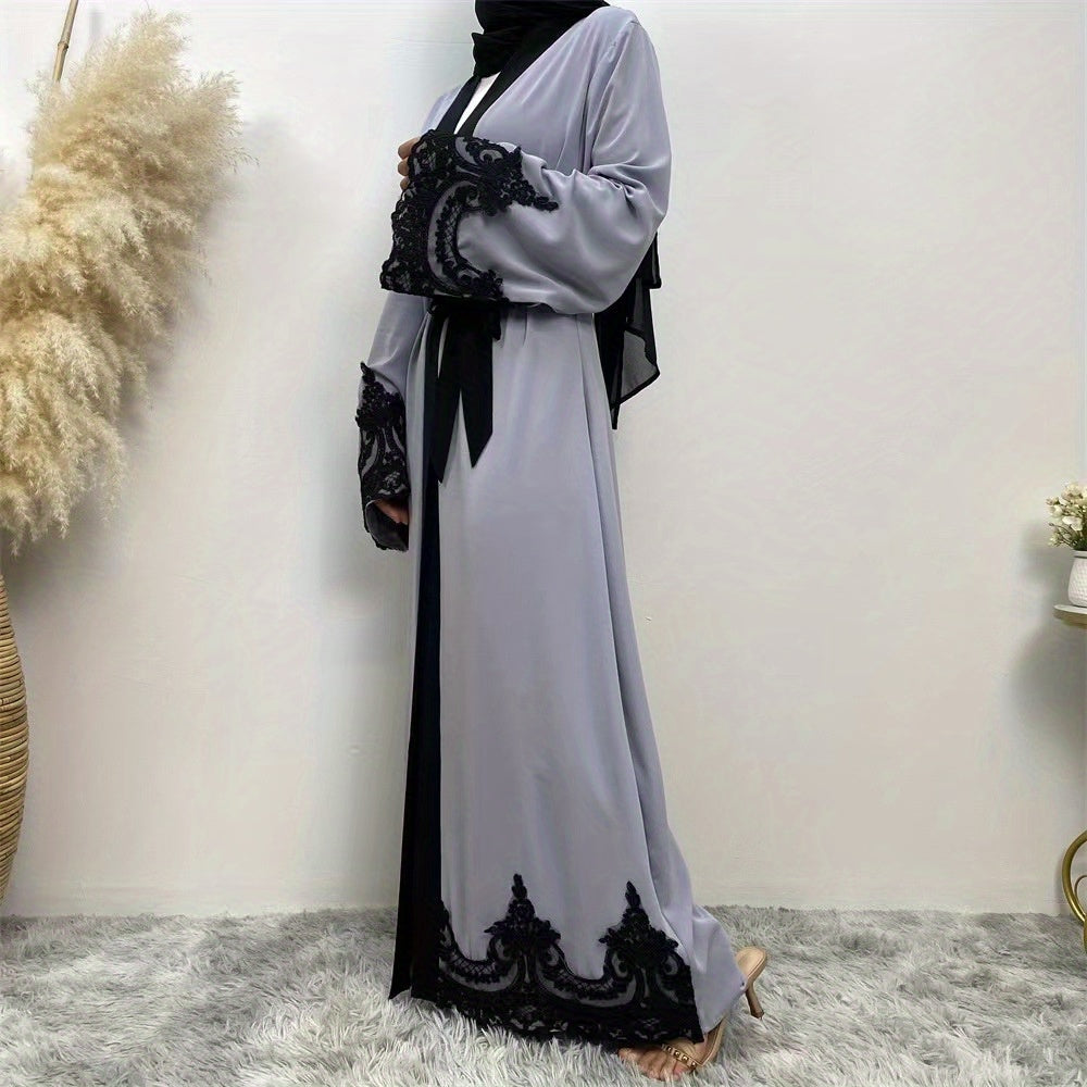 Contrast Lace abaya, Elegant Open Front Long Sleeve Maxi Modest abaya