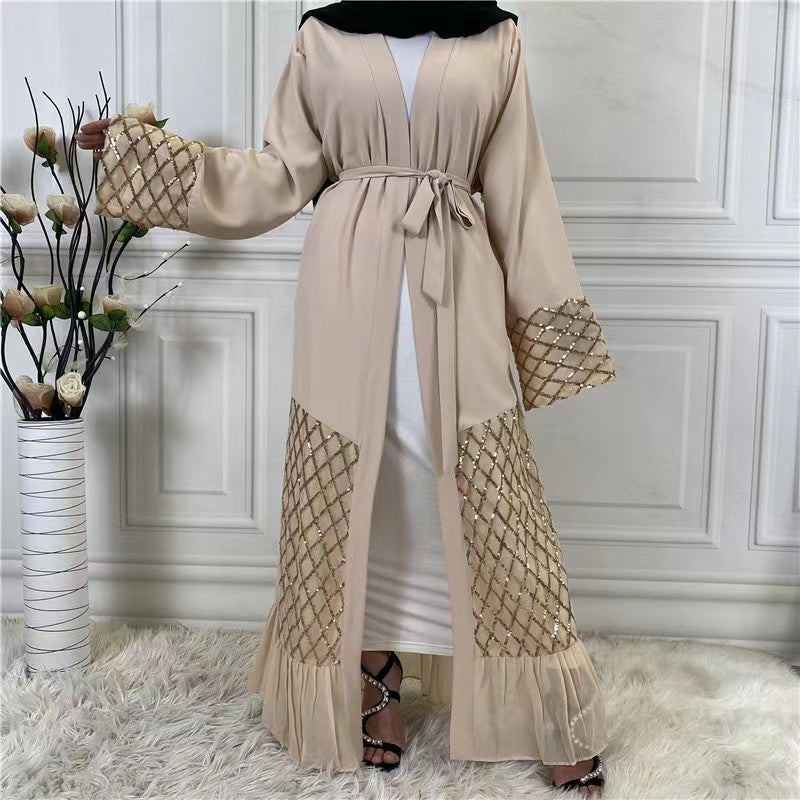 Long Sleeve Wrap Tied Kaftan Dress, Elegant Ruffle Hem Maxi Length Dress