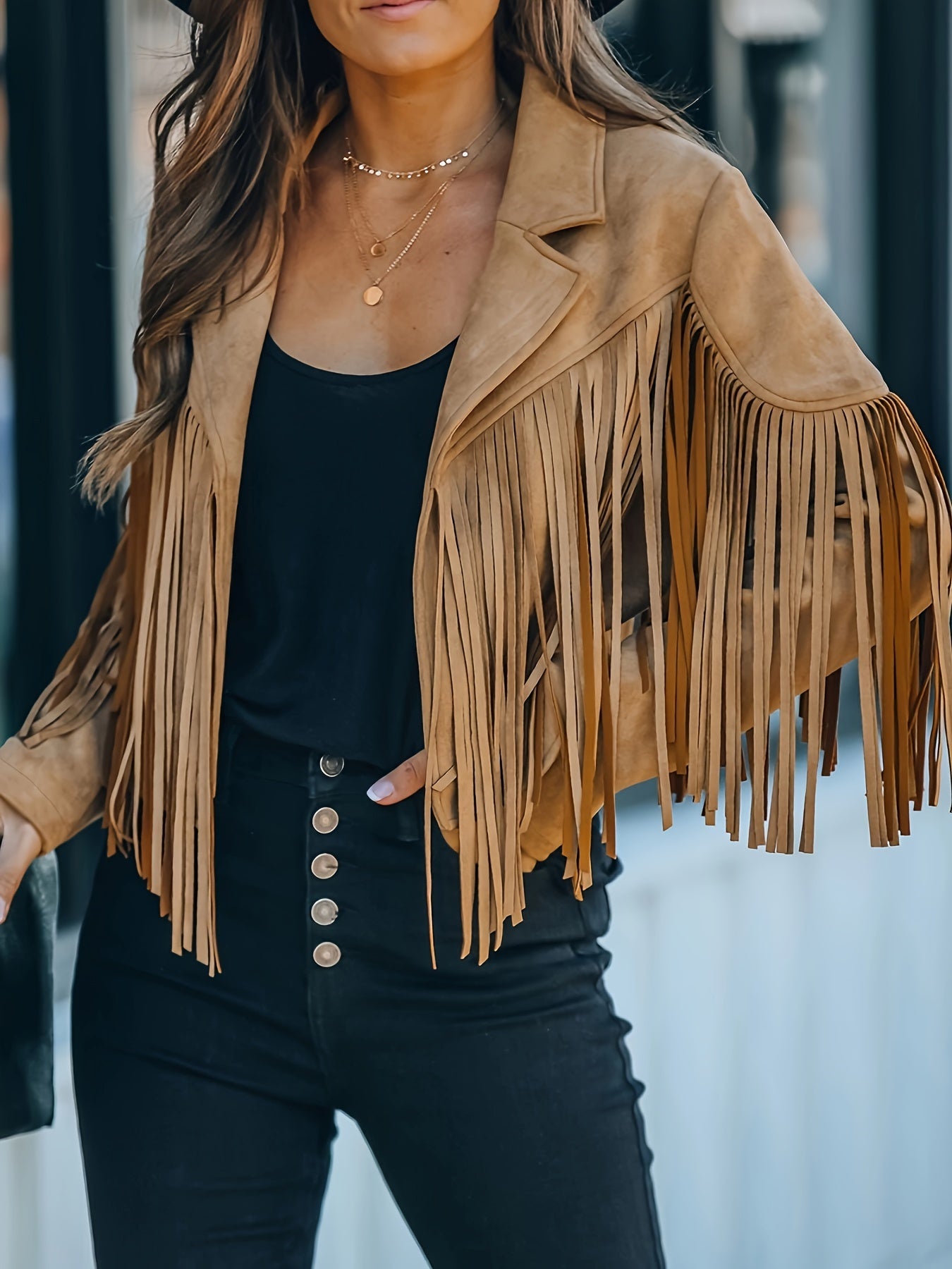 Cropped Fringe Suede Faux Leather Motorcycle Jacket, Fashion Tassel Lightweight Solid Jacket, Women's Clothing