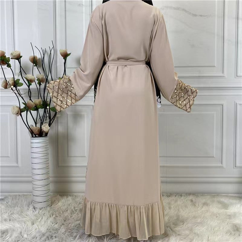 Long Sleeve Wrap Tied Kaftan Dress, Elegant Ruffle Hem Maxi Length Dress