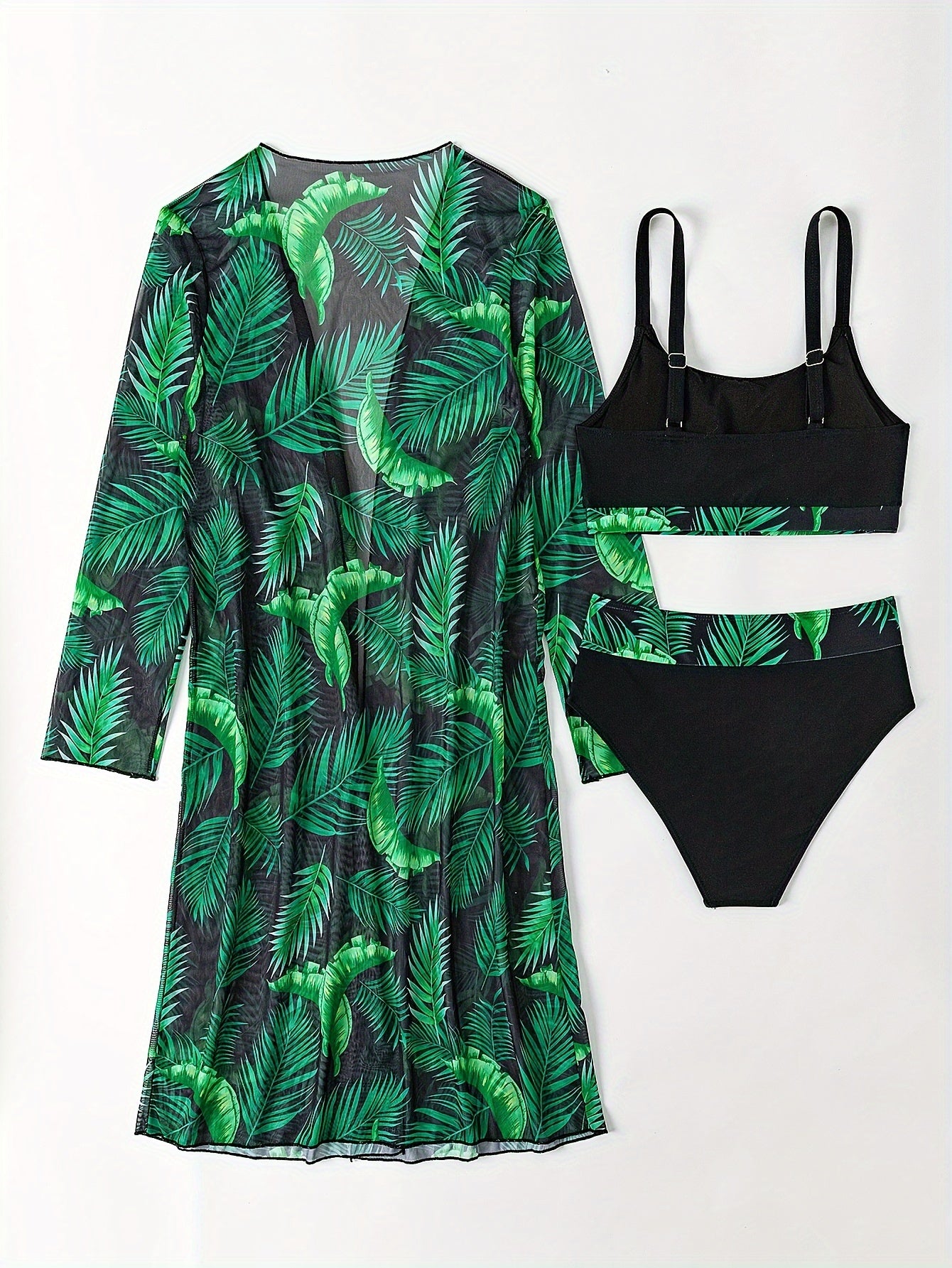 Tropical Leaf Print Stretchy 3 Piece Set Bikini With Long Sleeve Kimono, Scoop Neck Contrast Band Stylish Swimsuits, Women's Swimwear & Clothing For Holiday