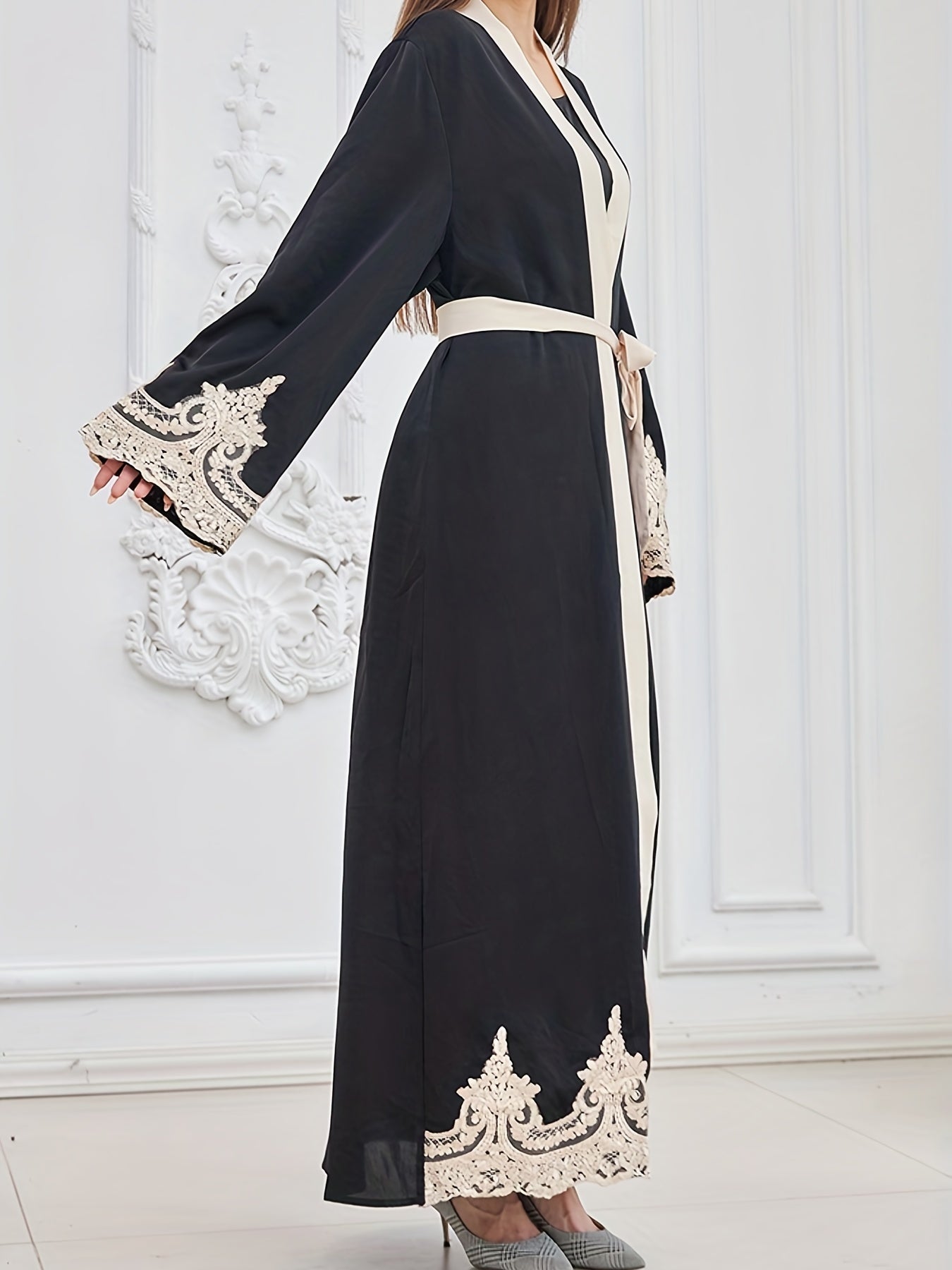 Contrast Lace Open Front Kaftan, Elegant Long Sleeve Maxi Dress