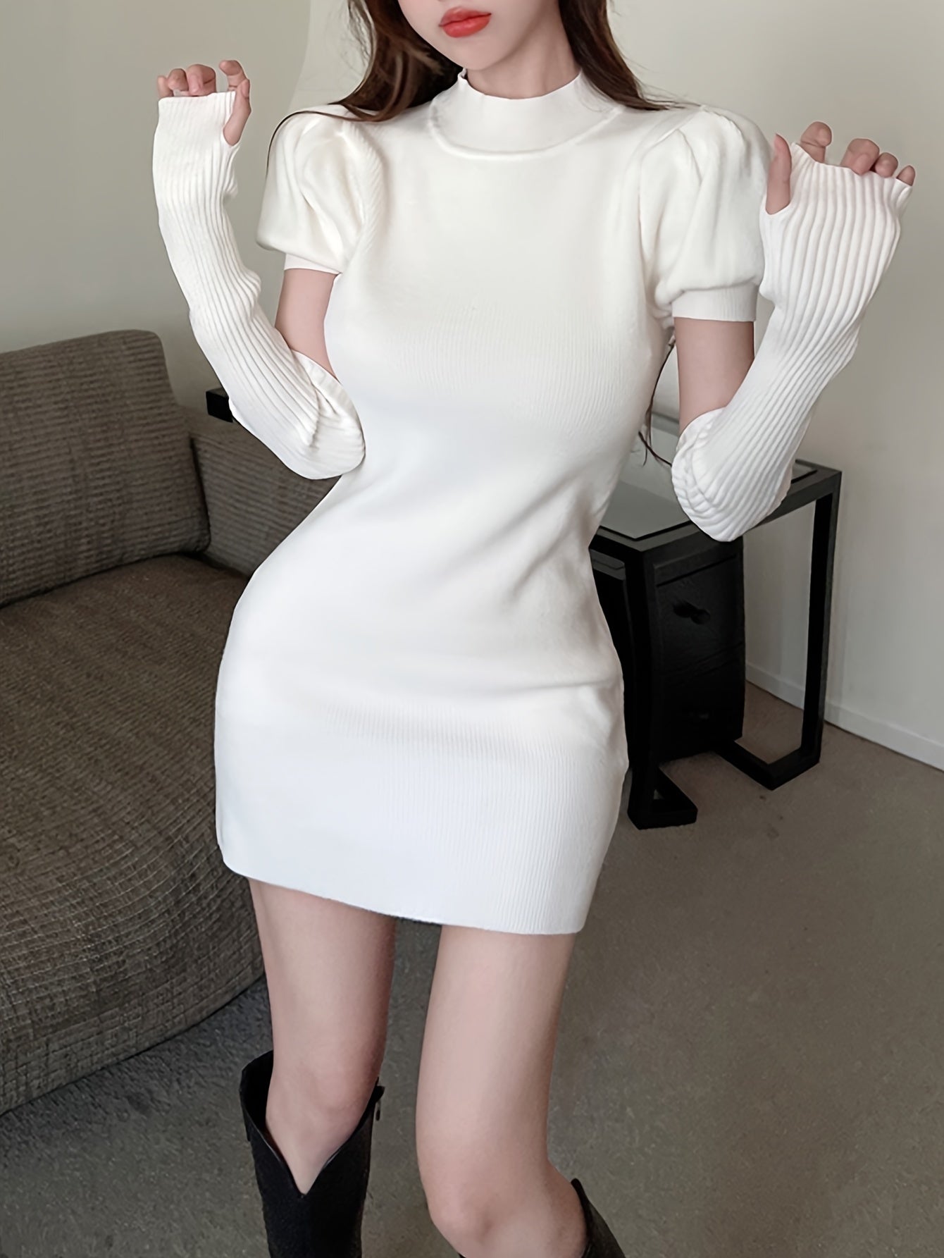 Ribbed Solid Mini Dress, Elegant Mock Neck Dress For Party & Banquet, Women's Clothing