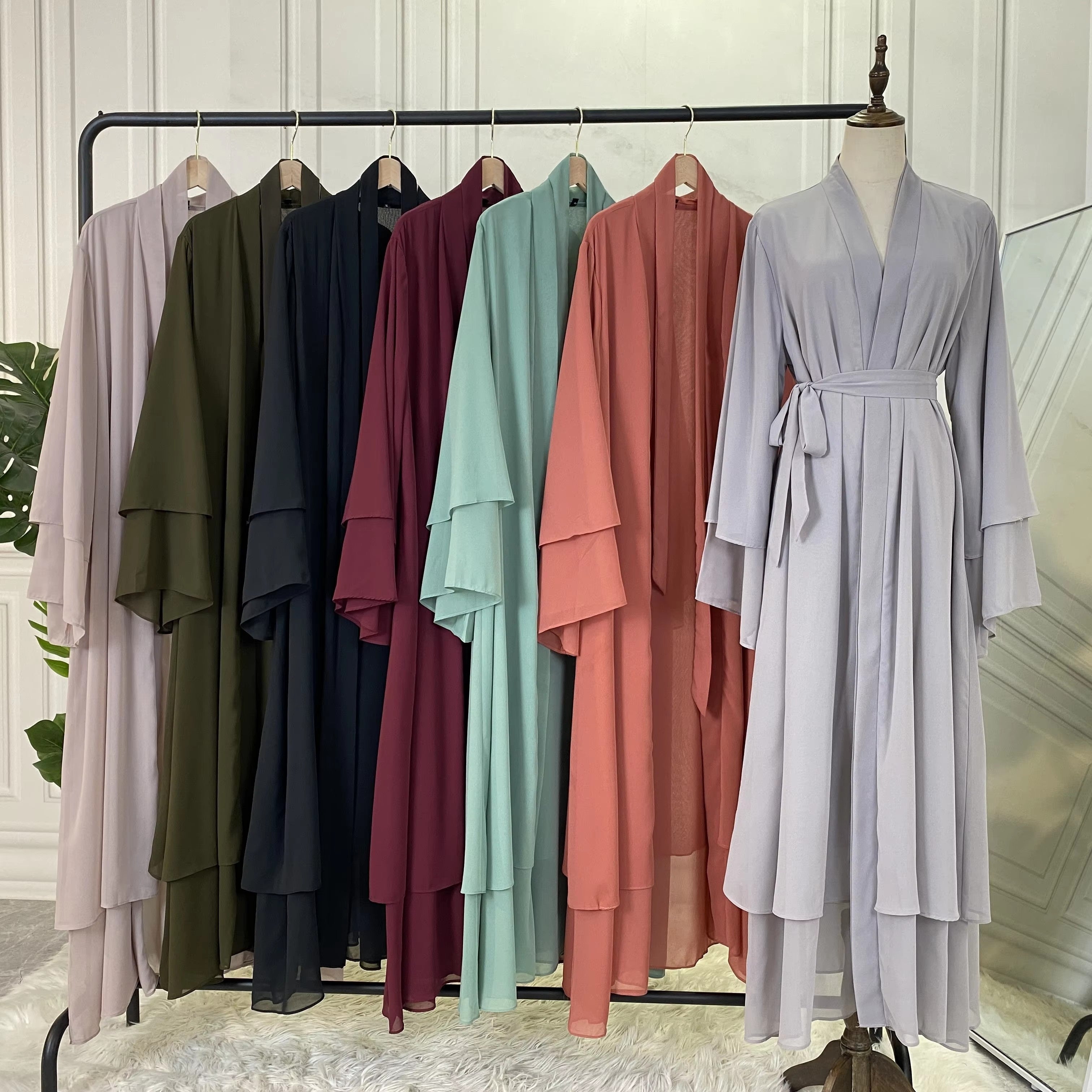 Solid Tie Waist Modest Dress, Elegant Layered Hem Maxi Length Dress