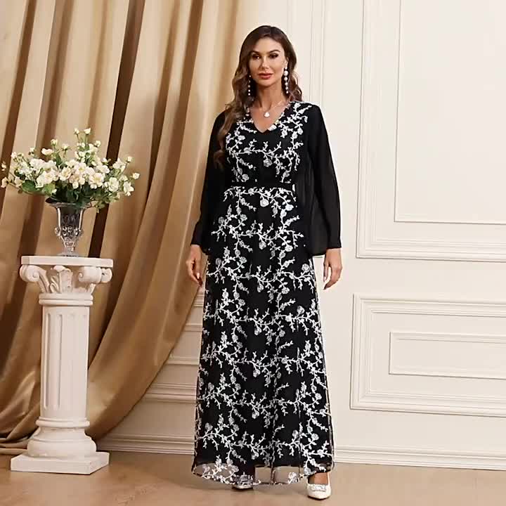 Ramadan Floral Pattern Kaftan Maxi Dress, Elegant V Neck Long Sleeve Dress