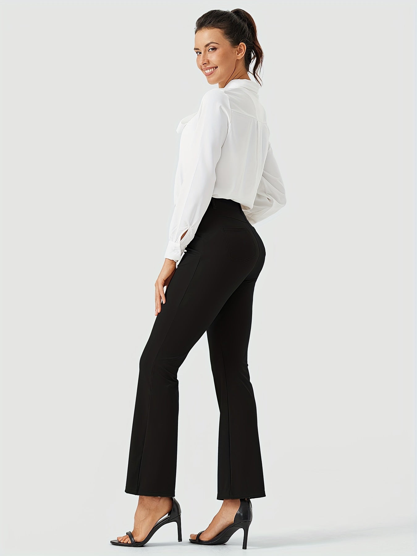 Women's Yoga Dress Work Pants Lightweight Slacks Stretch Casual Office Flare Pants Wide Leg With Belt Loops 4 Pockets