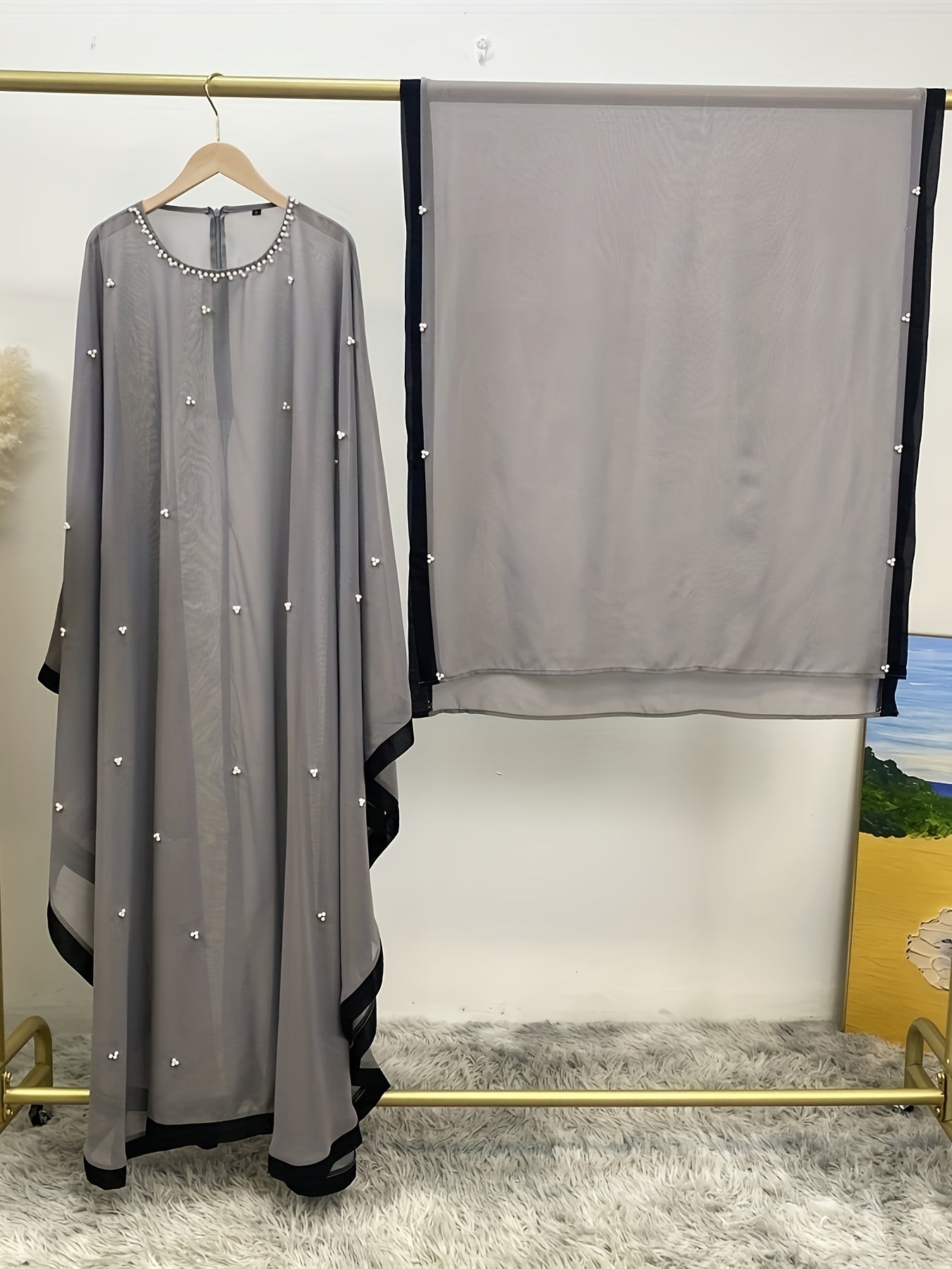 Beaded Contrast Trim Modest Dress, Elegant Batwing Sleeve Loose Maxi Dress With Hijab