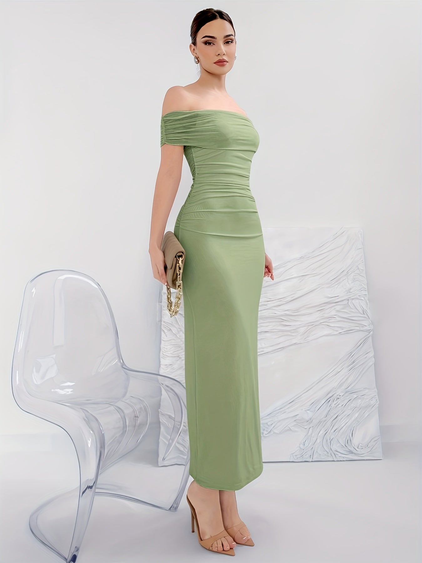 Off-shoulder A-line Sheath Dress, Elegant Solid Color Straight Neck Ankle Length Ruched Dress