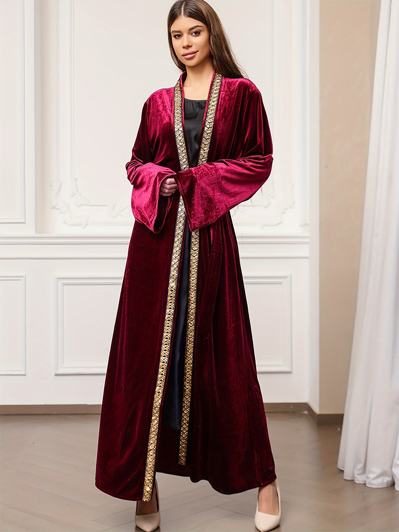 Ramadan Solid Open Front Kaftan, Elegant Long Sleeve Belted Maxi Dress