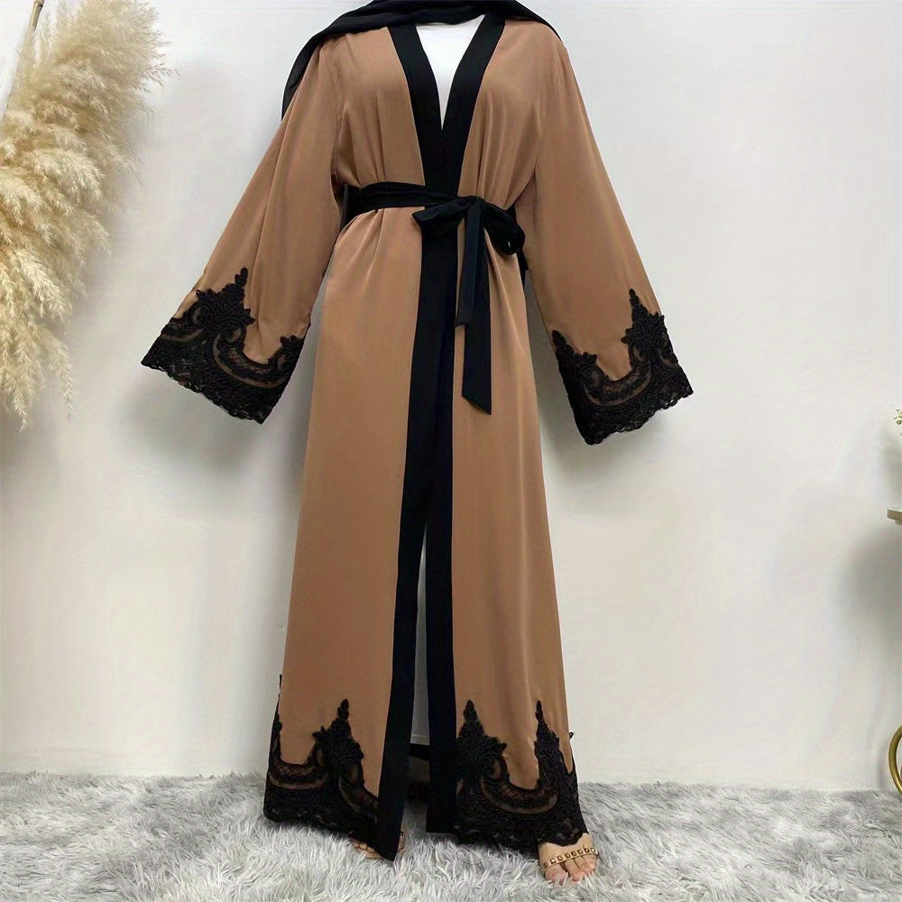 Contrast Lace abaya, Elegant Open Front Long Sleeve Maxi Modest abaya