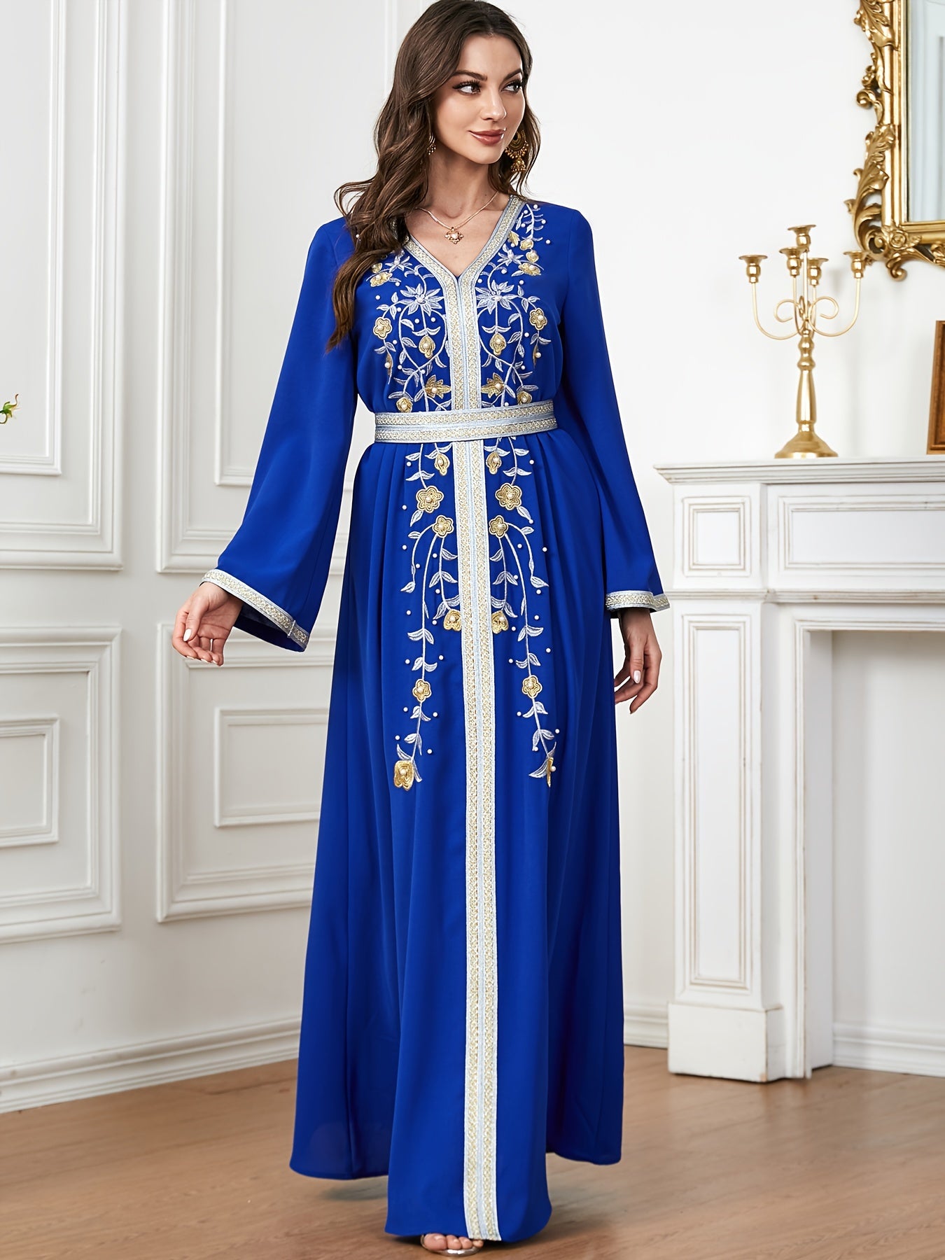 Floral Pattern V Neck Kaftan, Elegant Long Sleeve Belted Maxi Dress