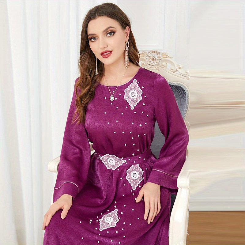 Beaded Decor Kaftan, Elegant Crew Neck Long Sleeve Dress