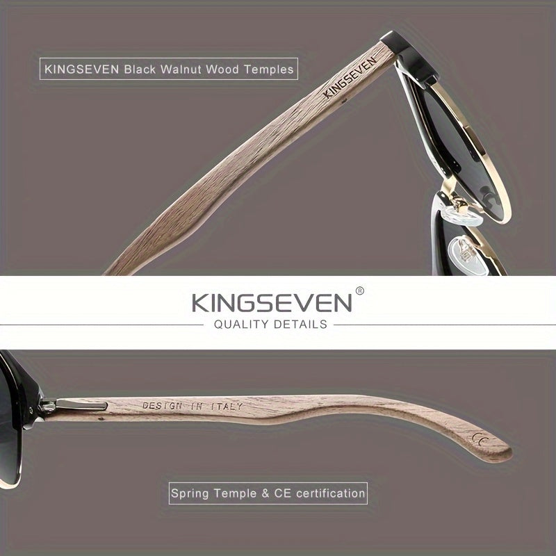 KINGSEVEN, Handmade Black Walnut Fashion Glasses, For Men Polarized Protection Semi rimless Retro Glasses For Women