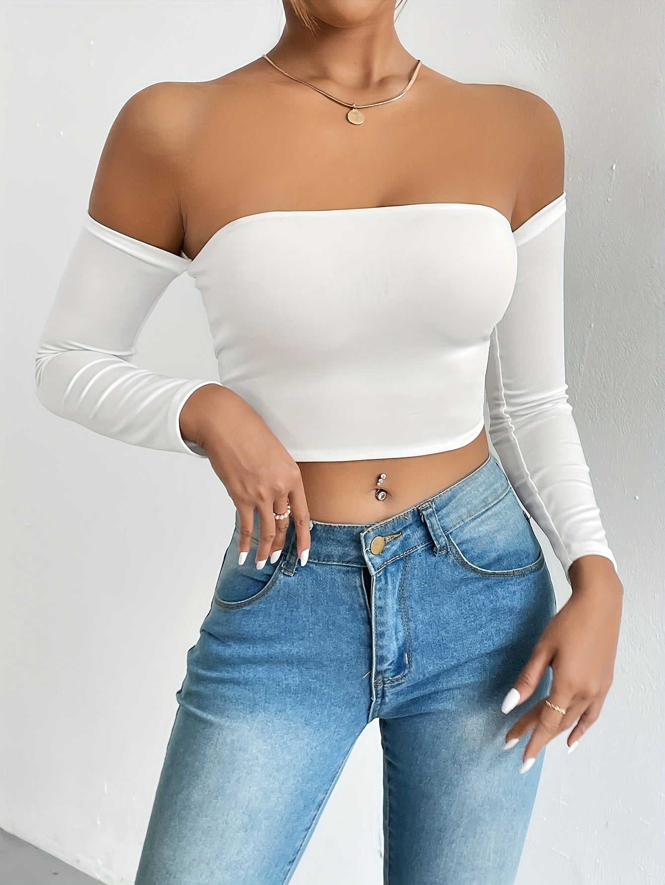 Solid Color Off-shoulder Crop Top, Sexy Long Sleeve Slim Top, Women's Clothing