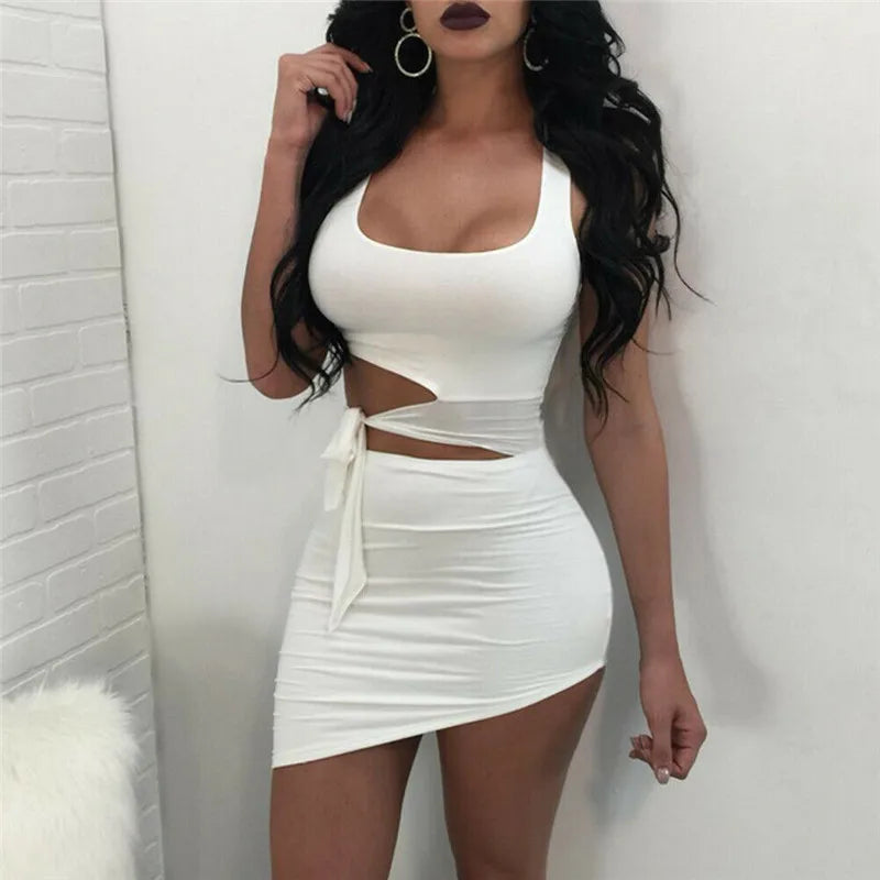 Sexy O-neck Hypotenuse Dress Hollow Out High Waist Package Hip Dress Lace-up Cut Off Dresses