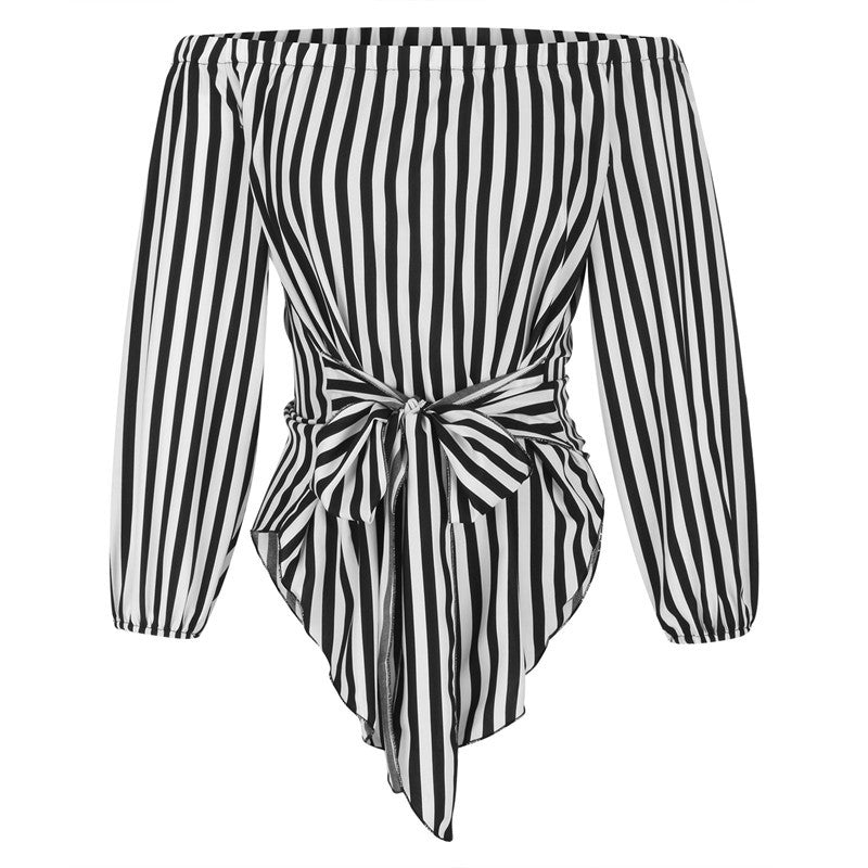 European And American Black And White Striped Sexy Fashion Off-shoulder Shirt