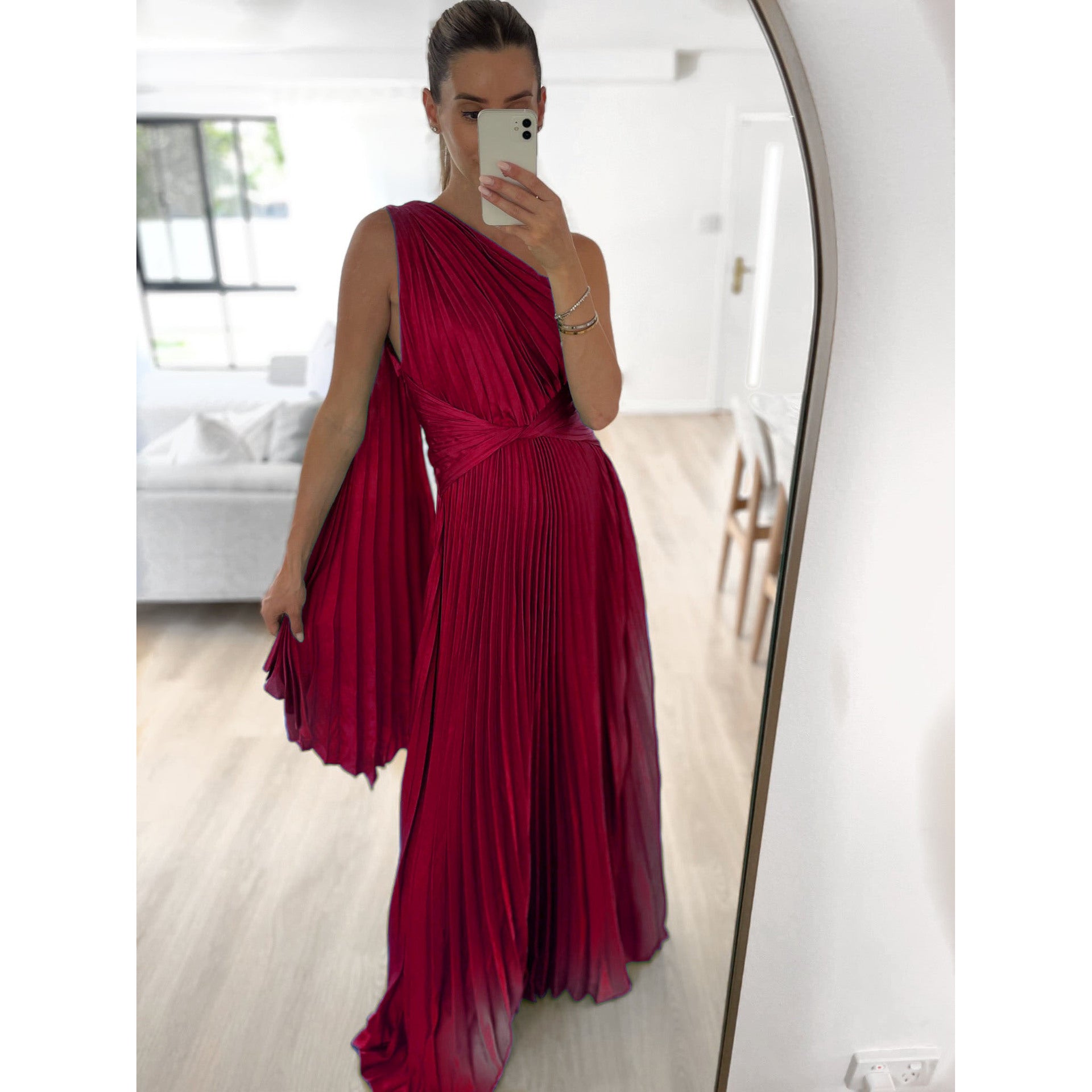 Slant Shoulder Pleated Casual INS Loose Vacation Party Length Dress