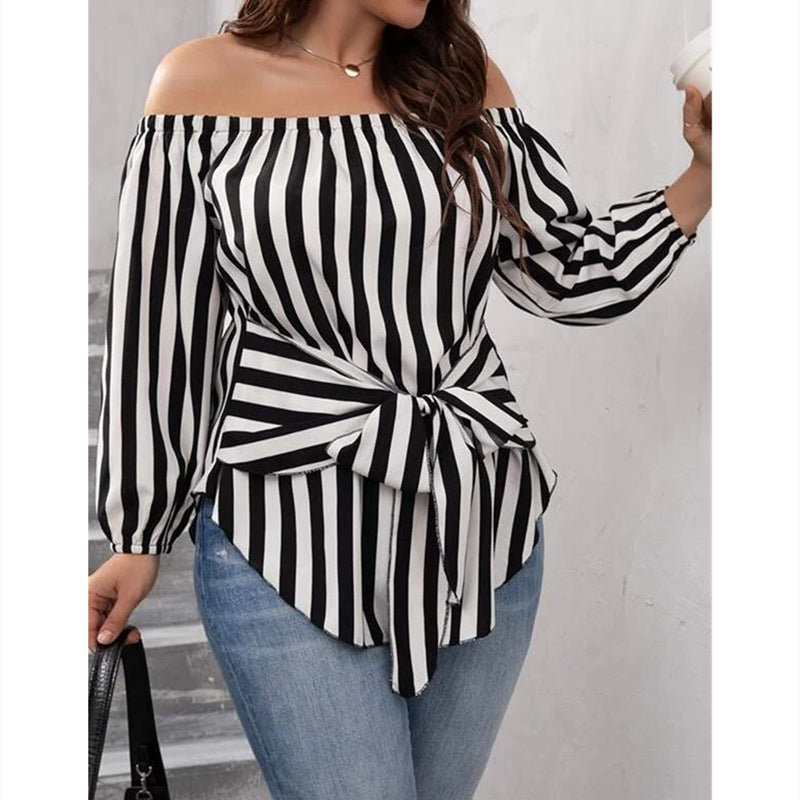 European And American Black And White Striped Sexy Fashion Off-shoulder Shirt