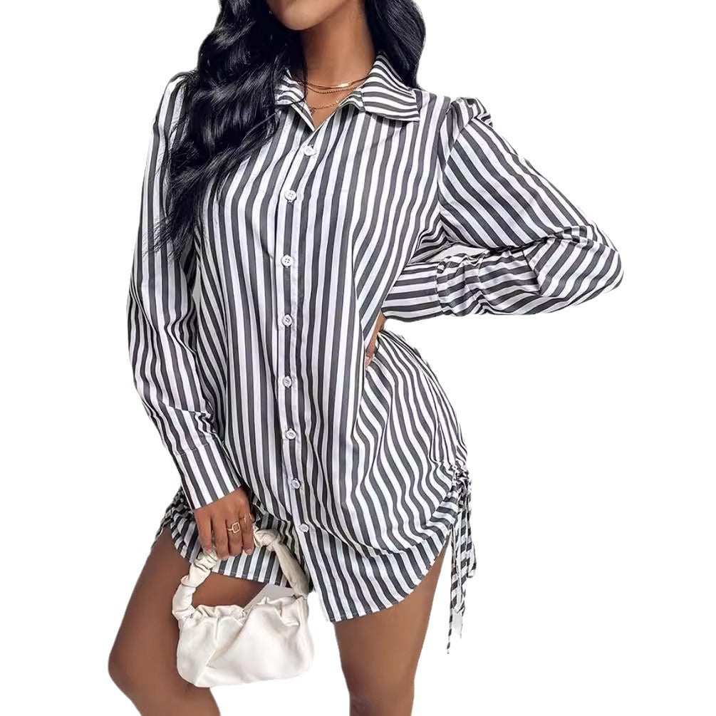 Women's Fashion Color Contrast Striped Long Sleeve Lapel Shirt Dress