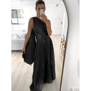 Slant Shoulder Pleated Casual INS Loose Vacation Party Length Dress