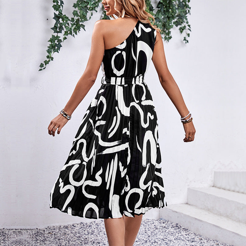 European And American Letter Printing Sloping Shoulder Dress