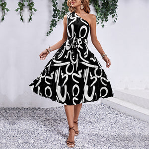 European And American Letter Printing Sloping Shoulder Dress