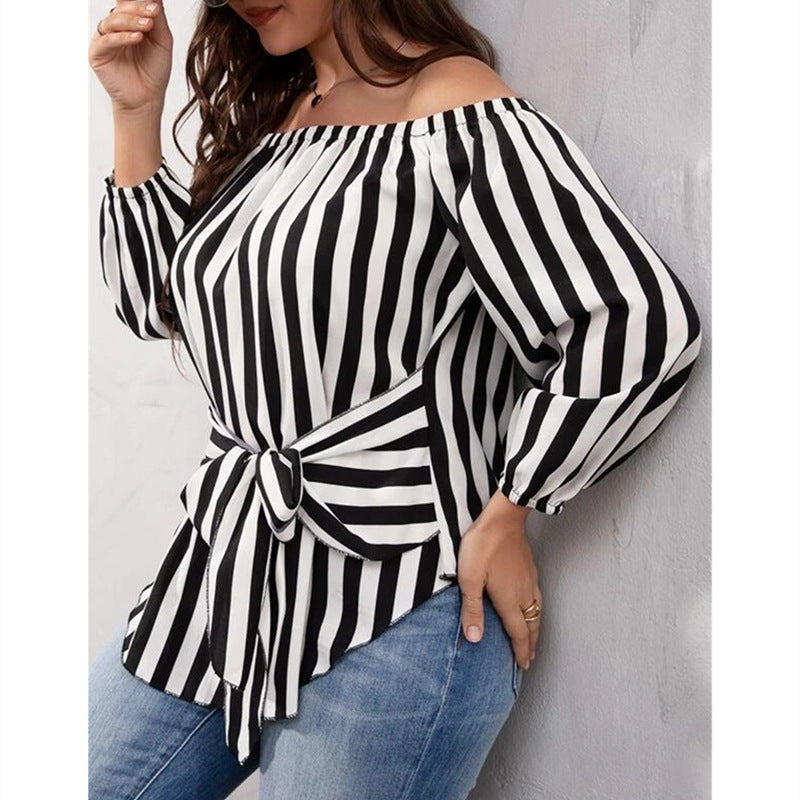 European And American Black And White Striped Sexy Fashion Off-shoulder Shirt