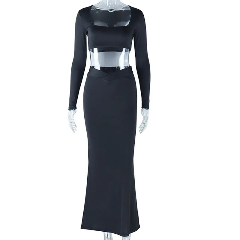 Two Piece Set Women Crop Top Long Sleeve Strapless Elegant Maxi Skirt Bodycon Sexy Streetwear Female Matching Skirts Set