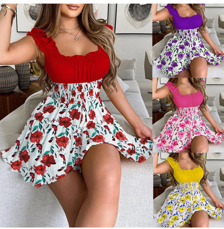 Women Casual Round Neck Sleeveless Ruffles Mini Dress Boho Flower Print Beach Sundress Oversized Loose Dress Summer