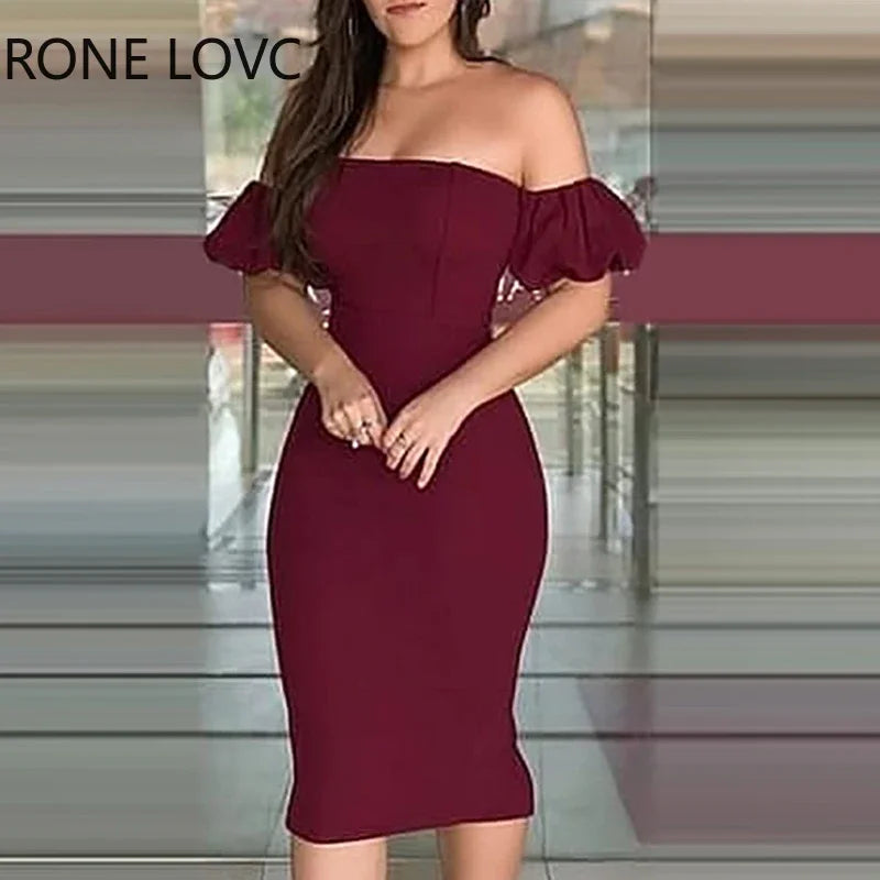 Women Off Shoulder Plain Zipper Design Back Slit Dress Sexy Bodycon Dress