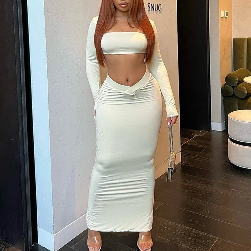 Two Piece Set Women Crop Top Long Sleeve Strapless Elegant Maxi Skirt Bodycon Sexy Streetwear Female Matching Skirts Set